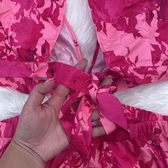 Pink floral print boho cut out puff sleeve midi dress - Picture 6 of 6